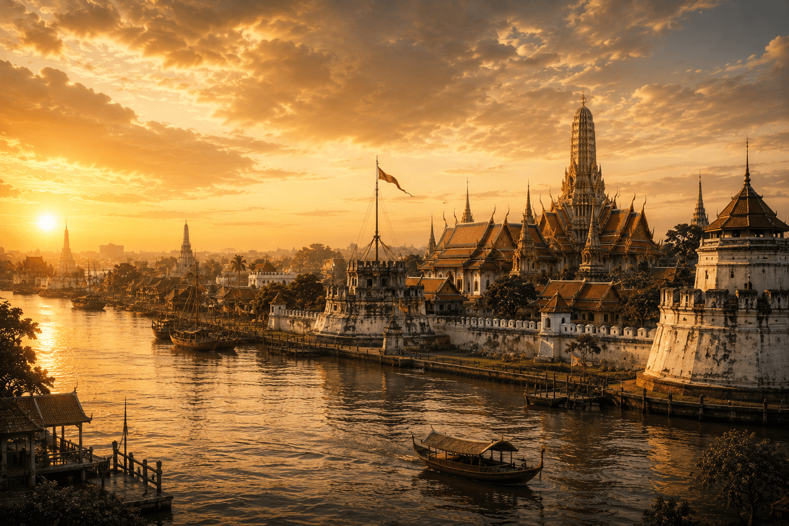 Grand Palace and Wat Arun-style riverside view with traditional boats
