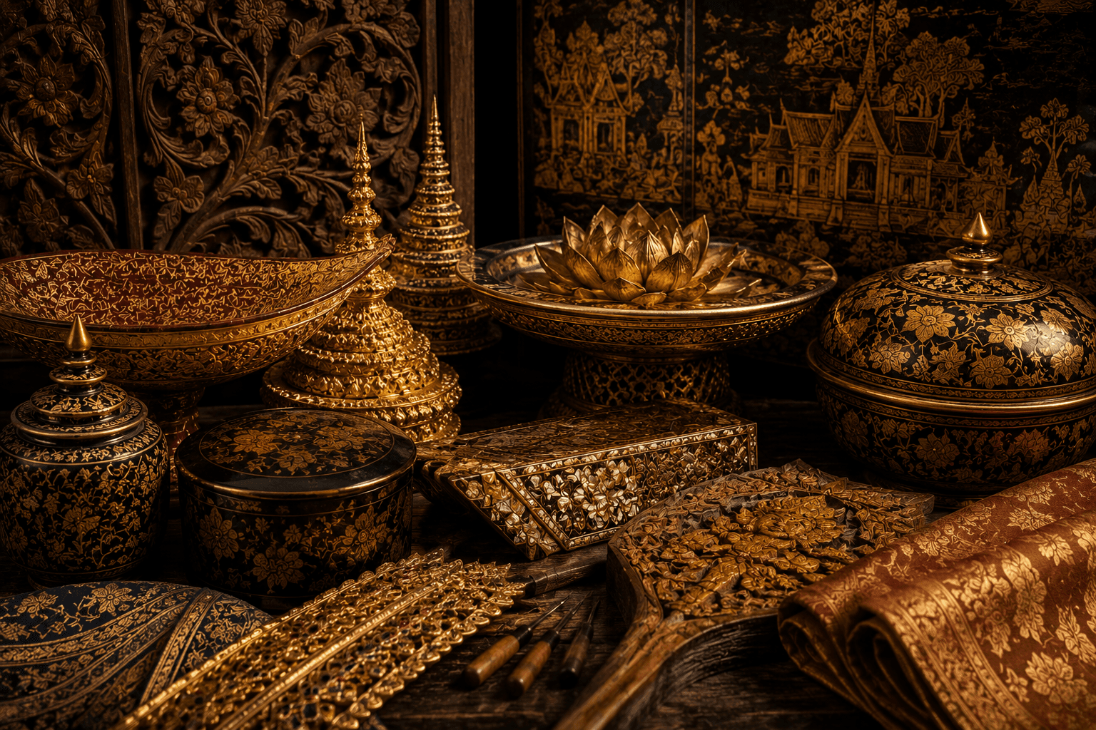 Thai lacquerware, gilded boxes and silk textiles in close detail