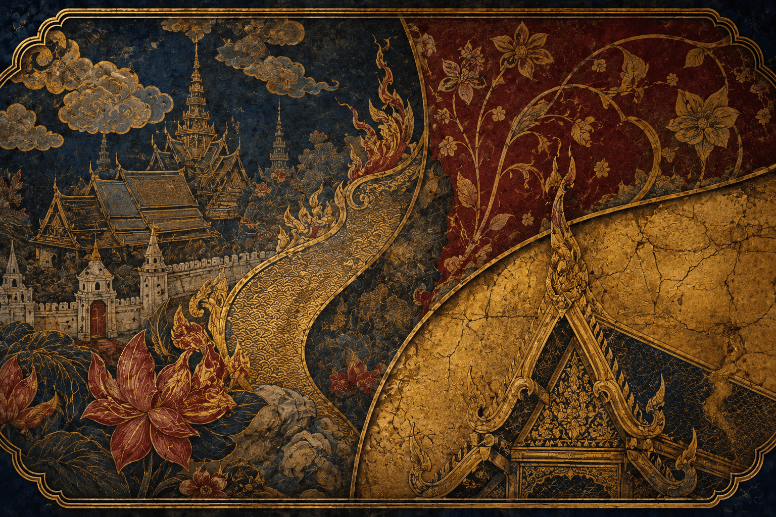 Decorative Thai mural-style art with temple motifs and lotus flowers