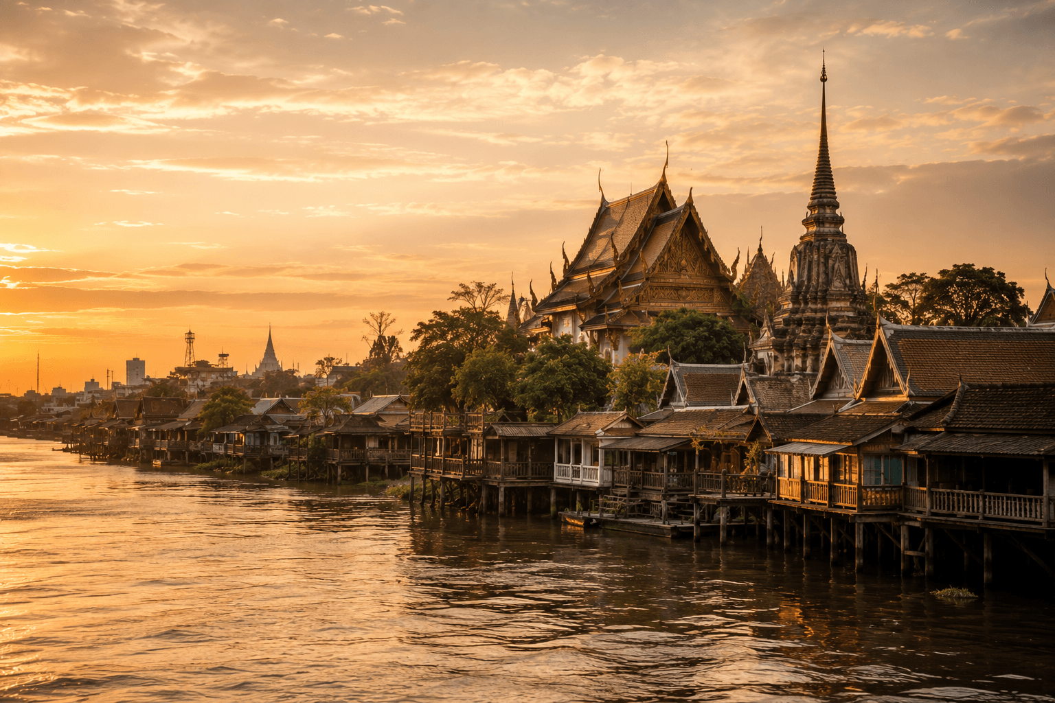 Riverside wooden stilt houses and a distant temple silhouette at sunset