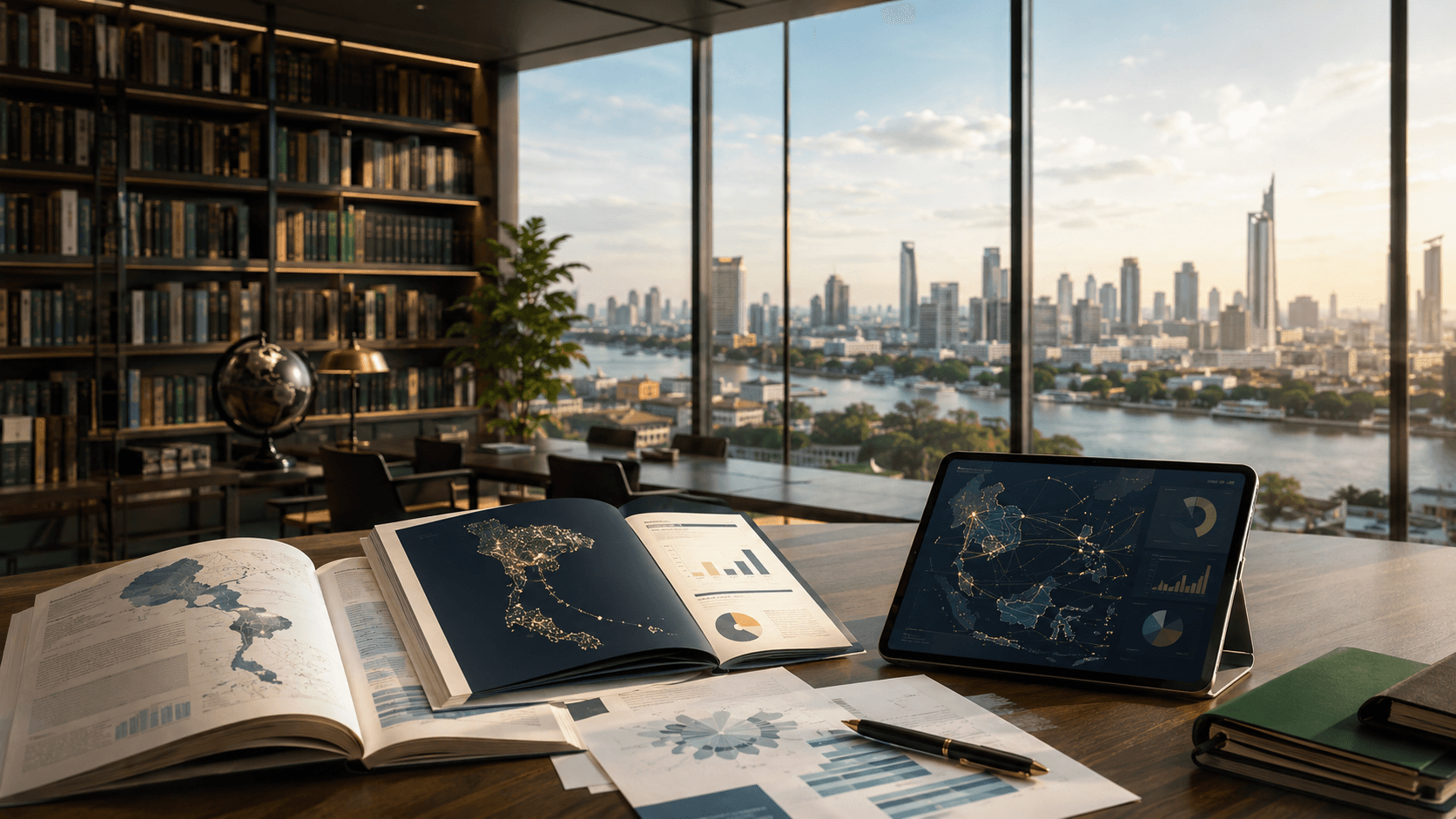 Bangkok skyline viewed from a modern office desk with business research documents and data