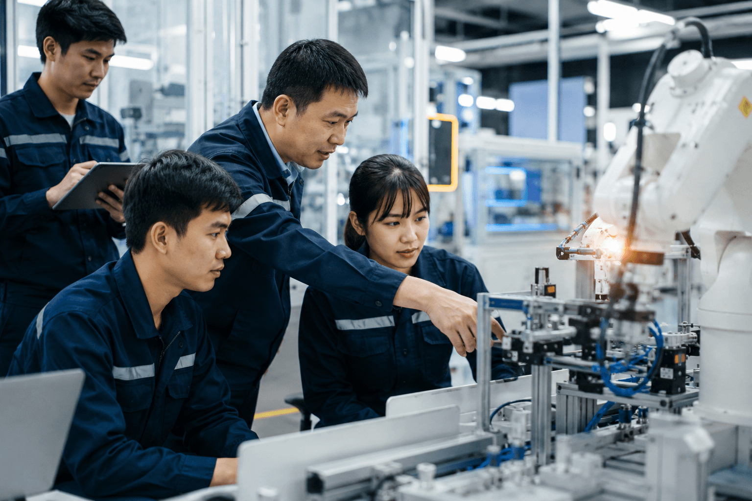 Thai manufacturing team working with digital production technology