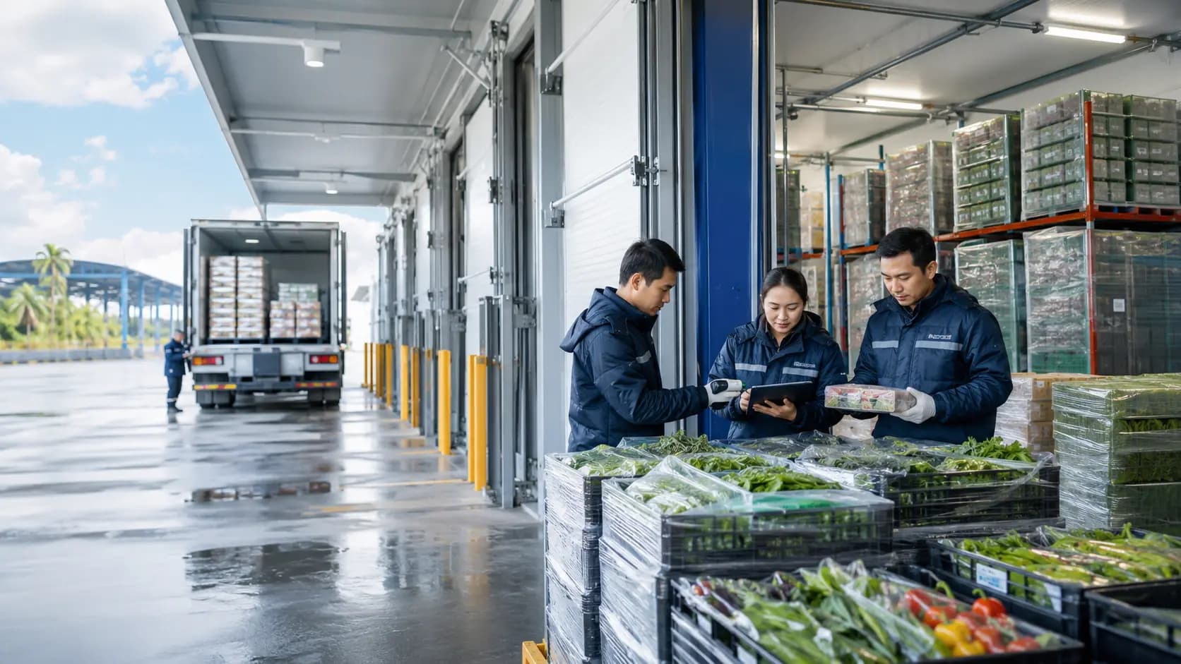 Editorial visualisation of temperature-controlled cold-chain warehousing and transport.