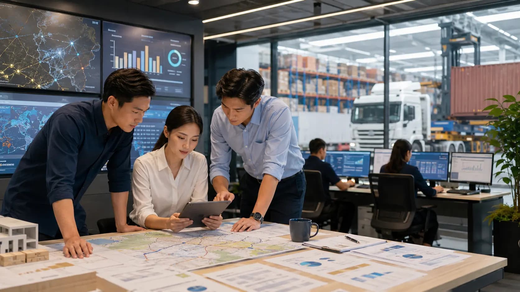Editorial visualisation of logistics cost analysis and supply-chain planning in Thailand.