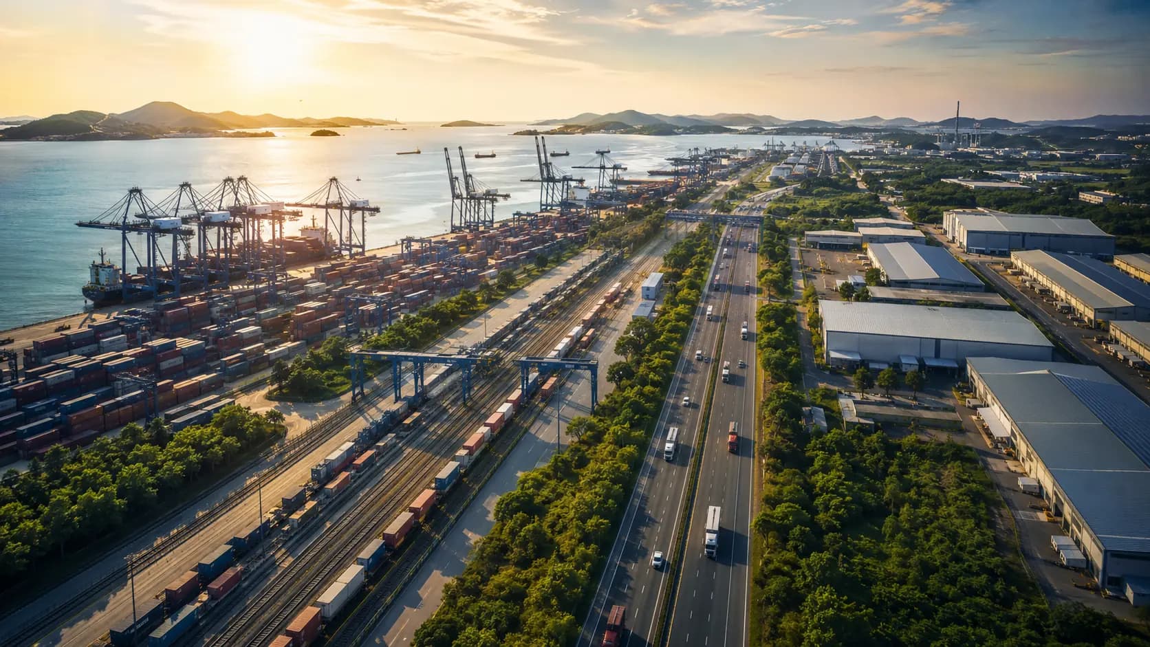 Editorial visualisation of Thailand's Eastern Seaboard multimodal transport network.