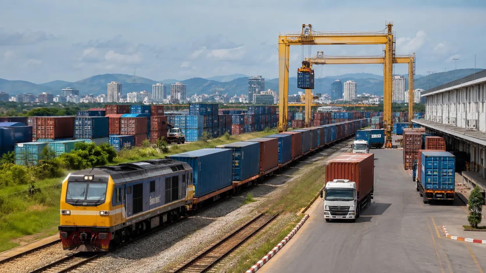 Editorial visualisation of rail freight and multimodal container transfer infrastructure.