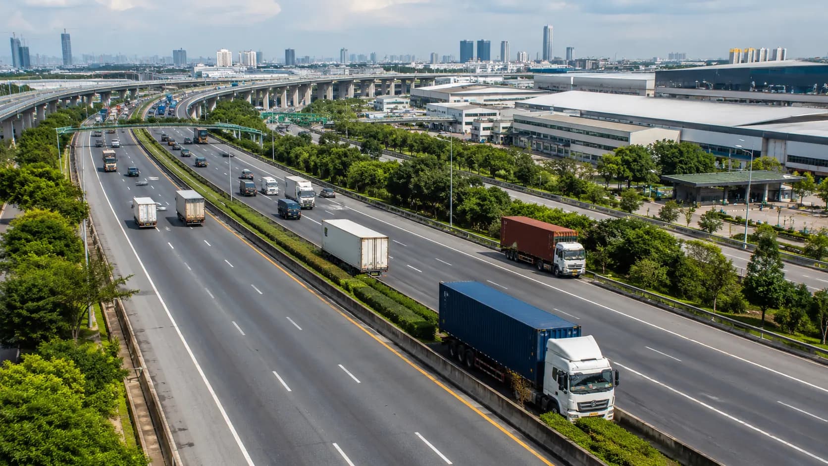 Editorial visualisation of road freight trucking on a Thailand highway corridor.