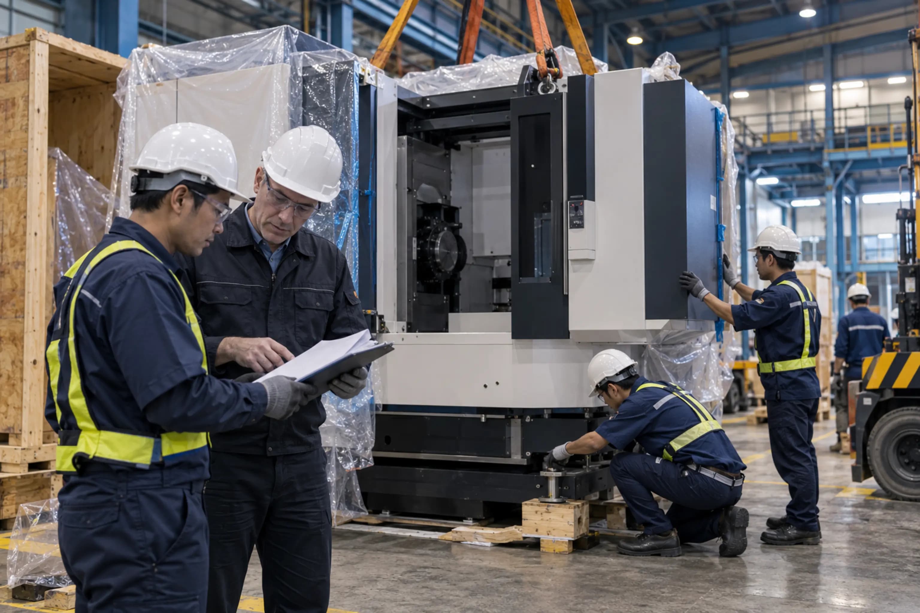 Industrial machinery being imported and installed in a Thai factory