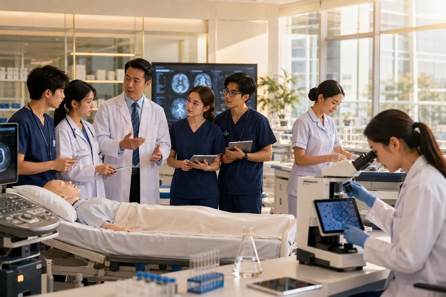 Medical students and faculty reviewing diagnostic imaging together in a teaching hospital training session