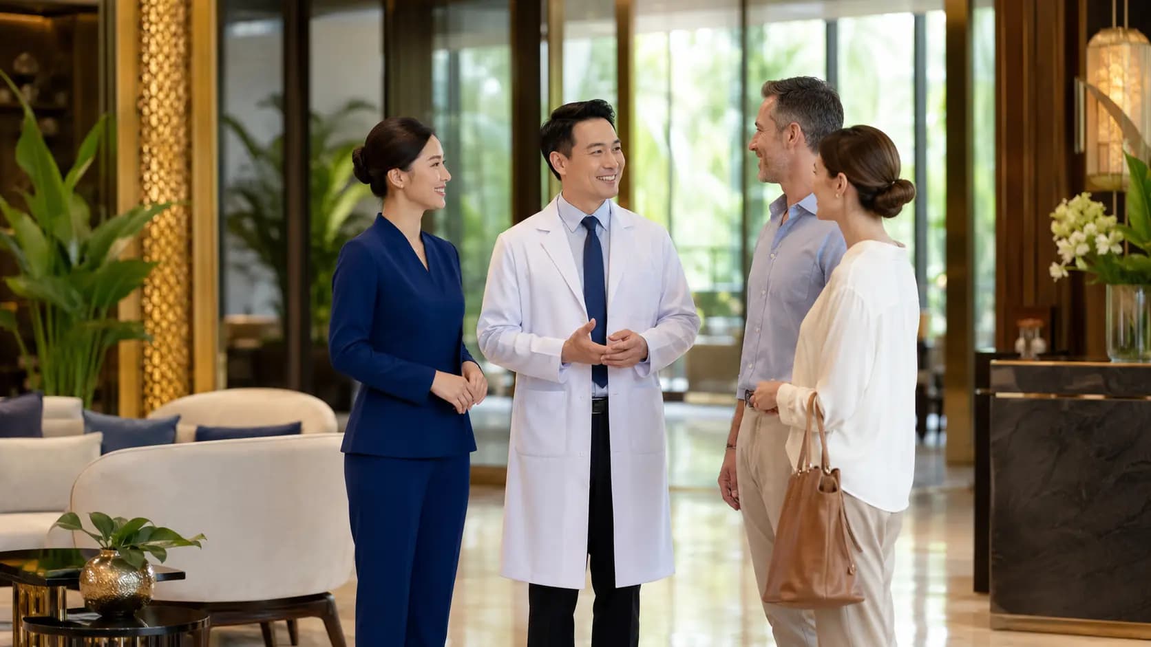A hospital physician and administrator welcoming international visitors in a bright hospital lobby