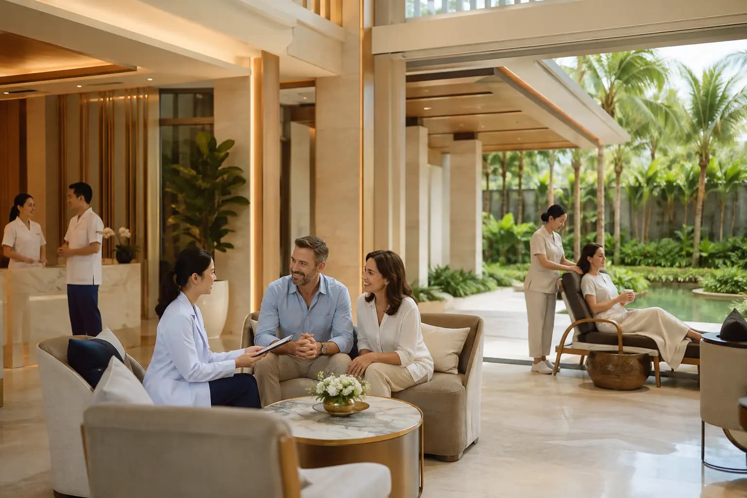 A consultation and a wellness moment side by side in a premium Thai hospital and resort setting