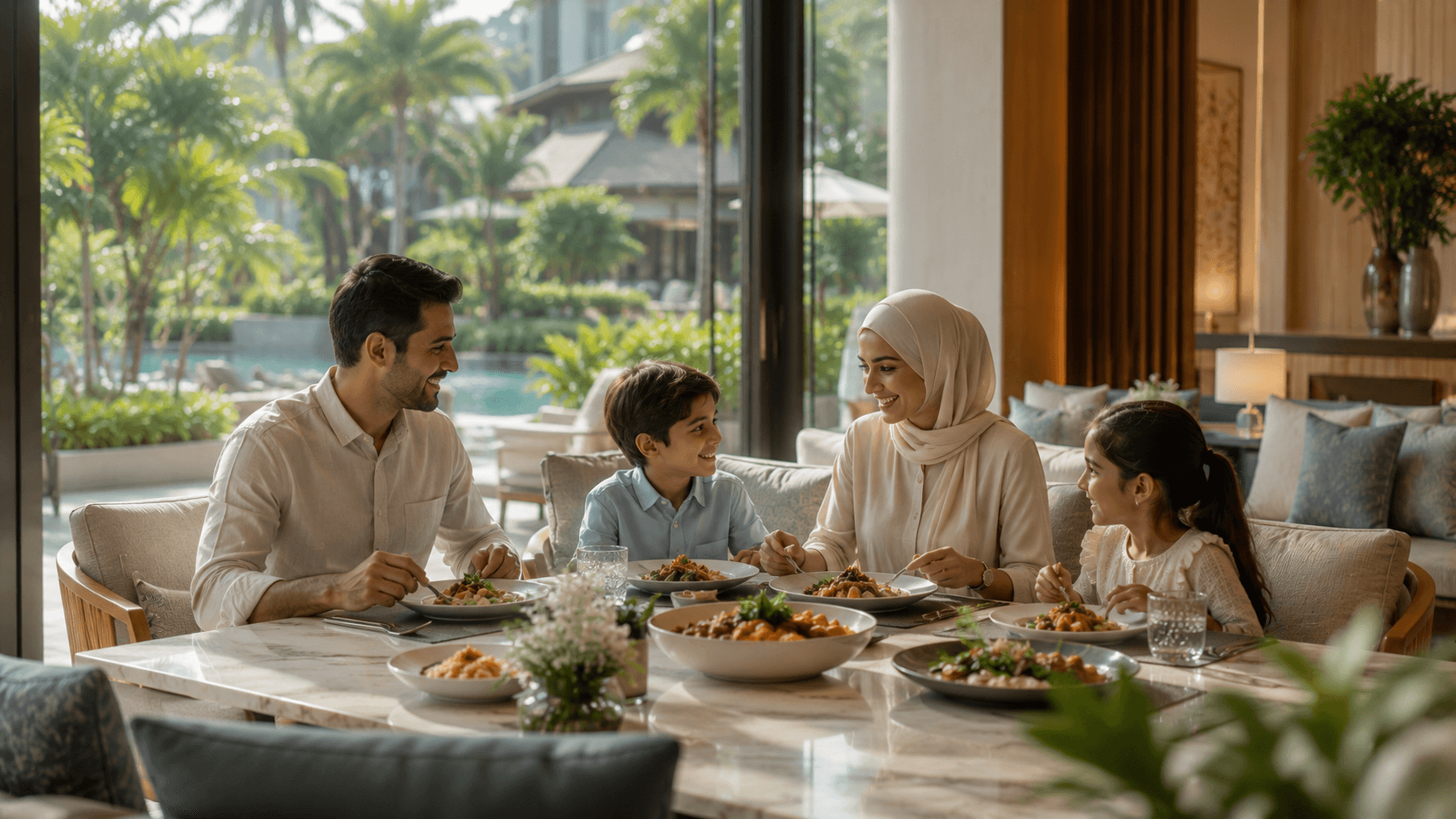 A family sharing a meal together during a stay in Thailand