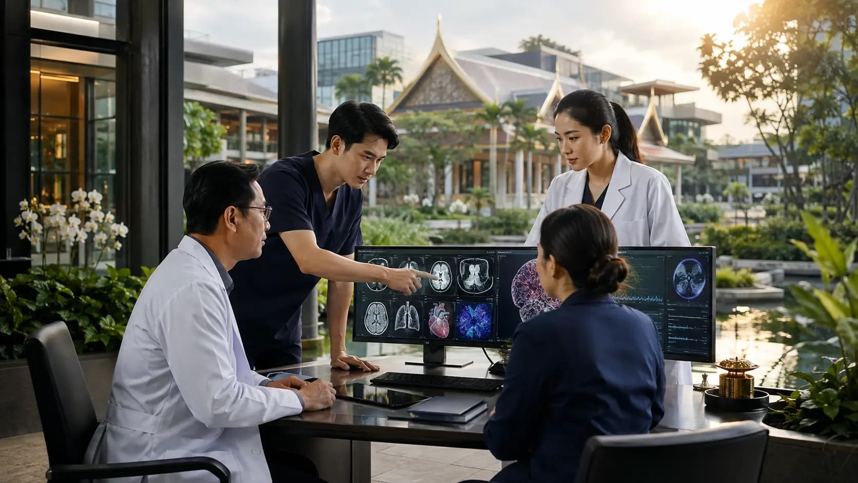 Clinicians reviewing diagnostic screens together with a Thai hospital campus and temple rooftop visible outside