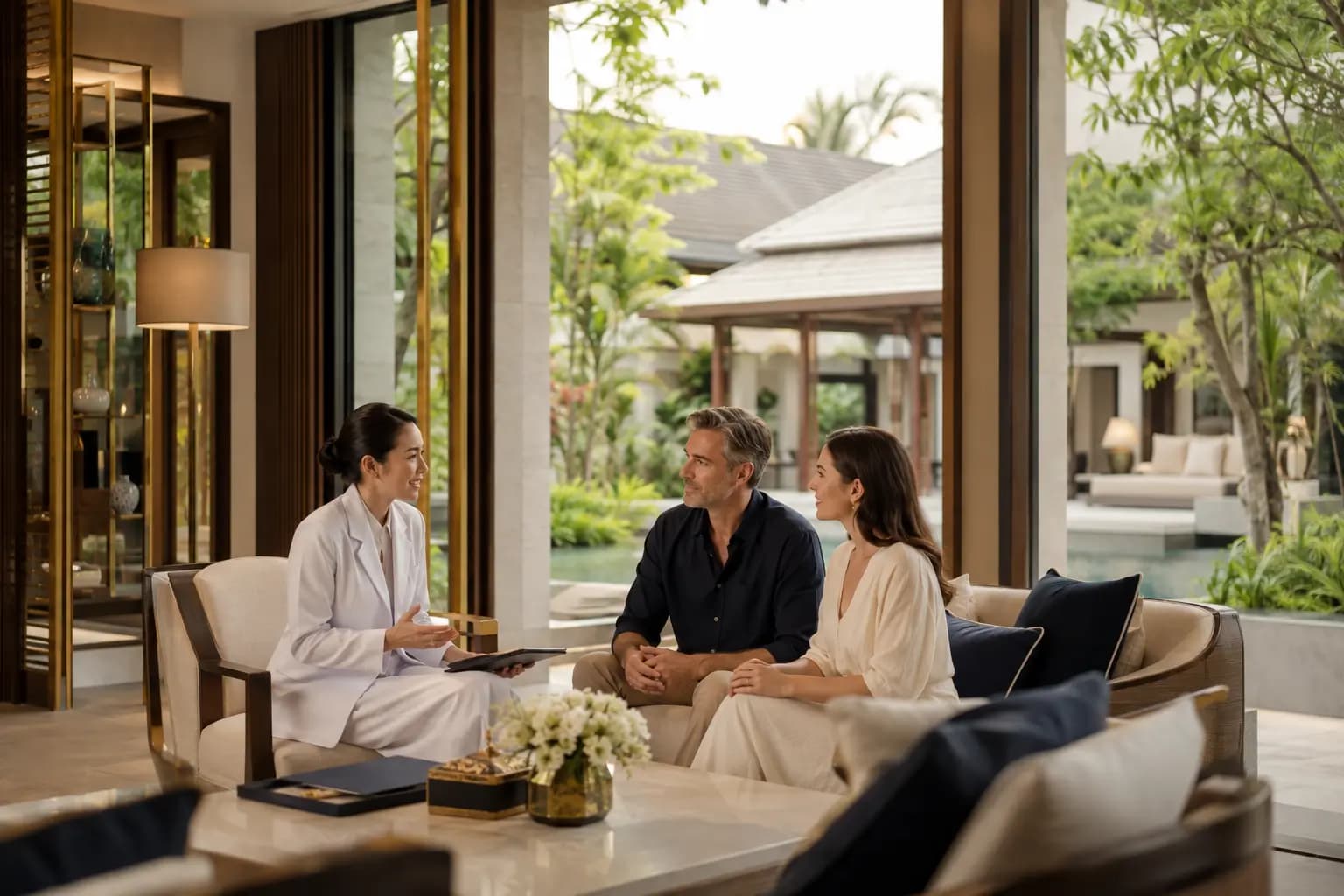 A doctor and a couple in conversation in a residential lounge overlooking a garden, illustrating care beyond the hospital setting