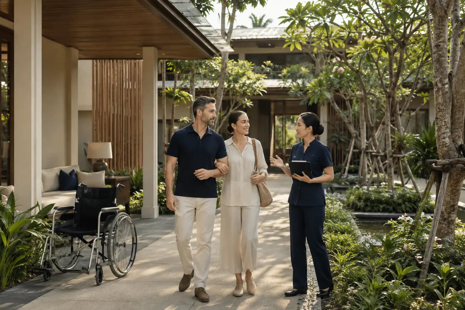 A companion and a visitor walking together through a recovery-friendly accommodation setting in Thailand