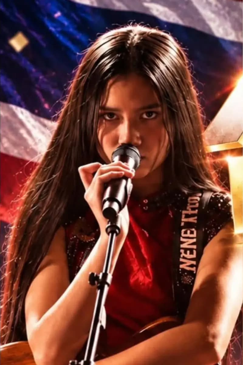 Portrait of Nene Royal holding a microphone on a stand, in front of a red, white and blue flag-coloured backdrop.