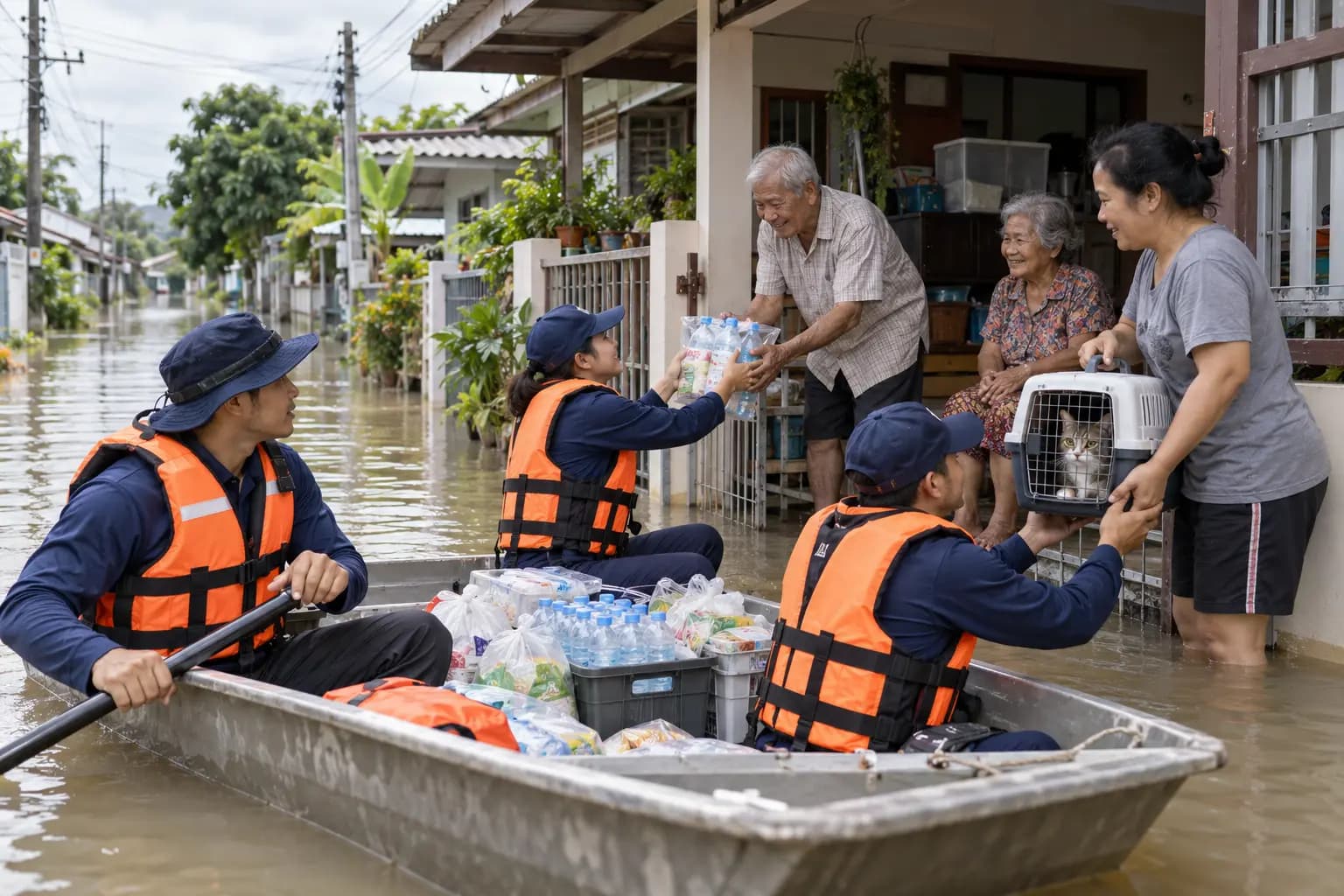 Illustration of rescue workers in orange life jackets in a small boat on a flooded residential street, handing bottled water and supplies to residents on a raised porch.