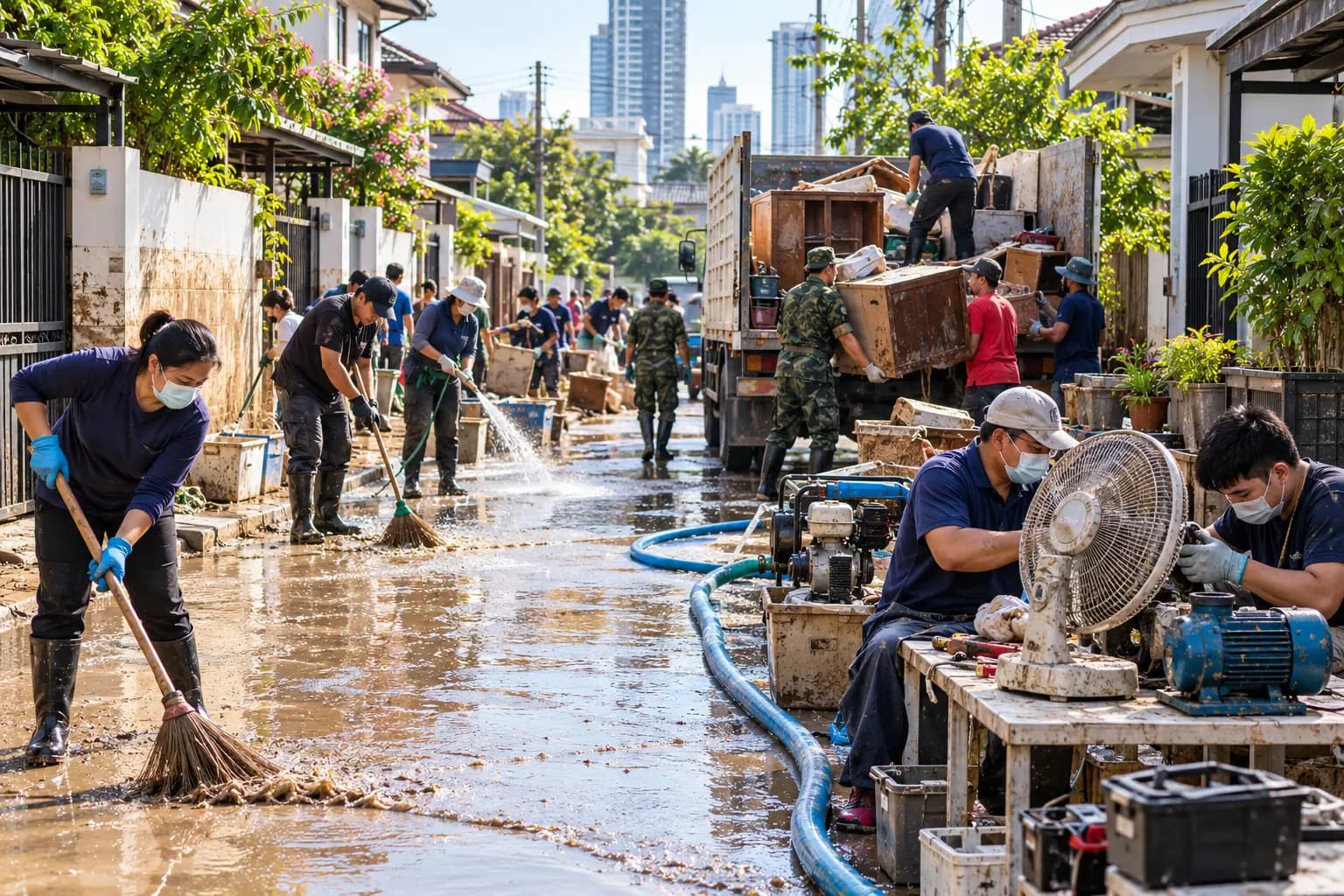 Illustration of people in masks and boots sweeping mud from a street, loading damaged furniture onto a truck and repairing a fan and a water pump at a roadside table.