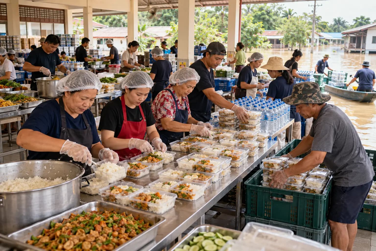 Illustration of volunteers in hairnets and gloves packing rice and curry into meal boxes under a covered hall, with crates of drinking water and a boat at the edge of floodwater.