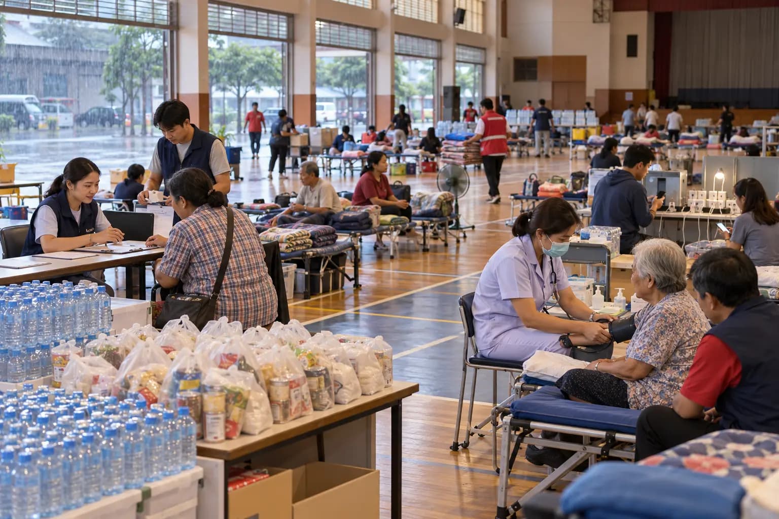 Illustration of an indoor sports hall used as a temporary shelter, with camp beds, stacks of water and food bags, a registration desk and a nurse checking an older resident's blood pressure.