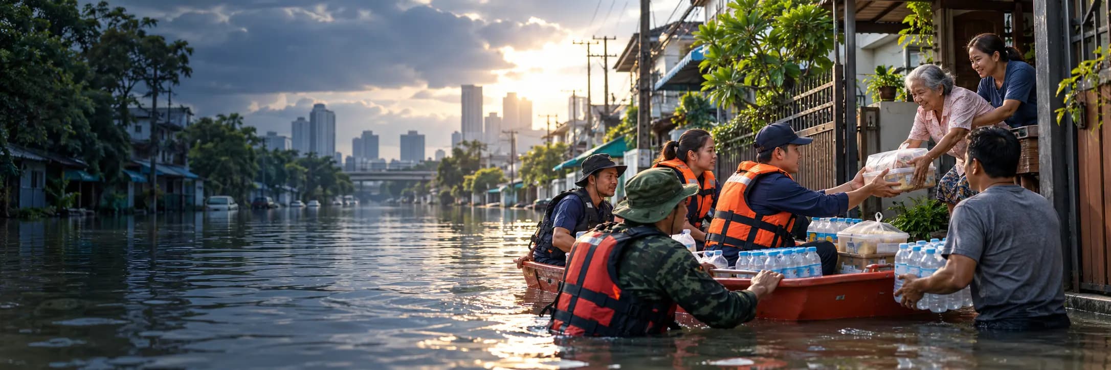 Wide illustration of rescue workers in a small boat on a flooded city street at sunset, passing meals and water to residents on a porch, with a city skyline in the distance.