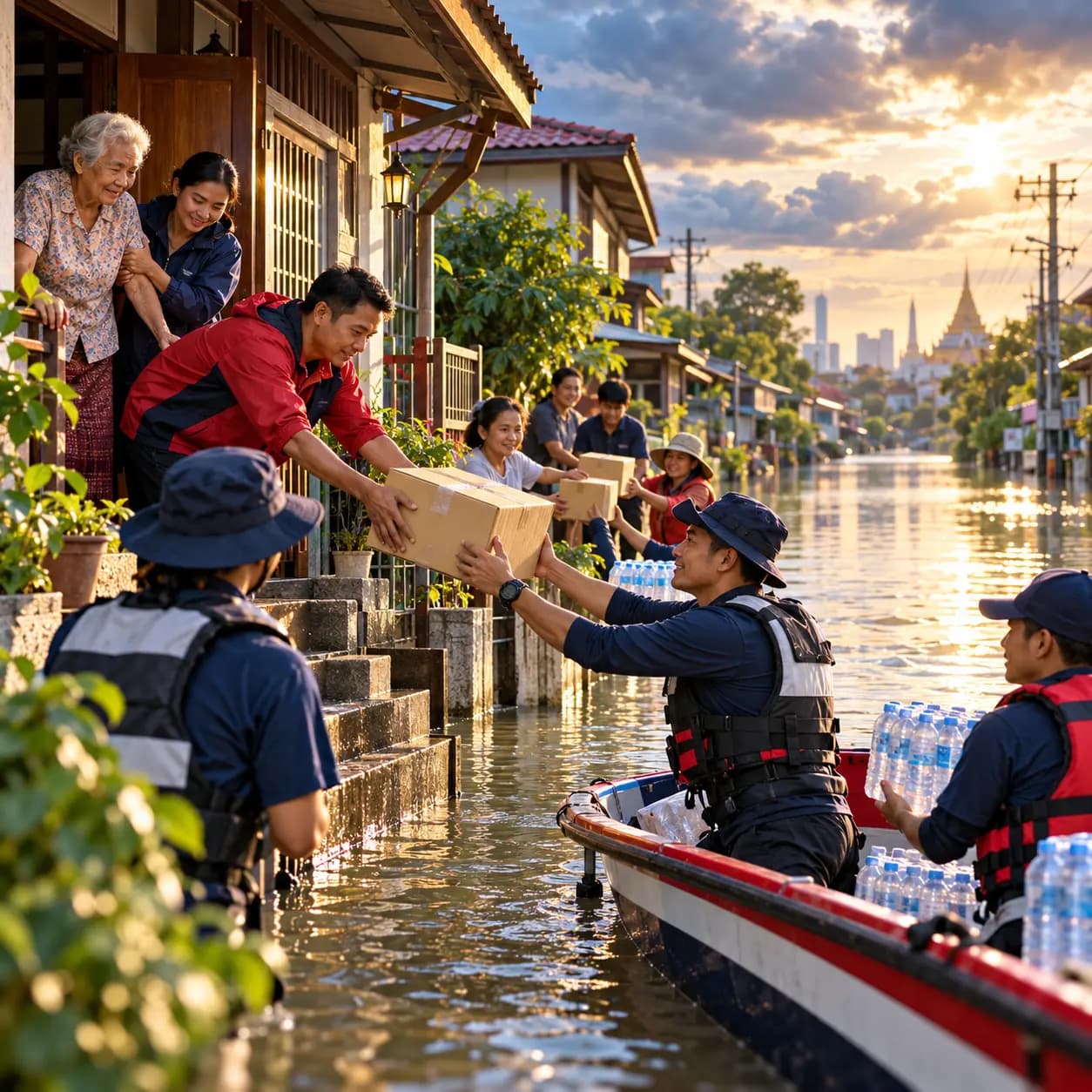 Square illustration of rescue workers in a boat passing a box of supplies to residents on a flooded street at golden hour.