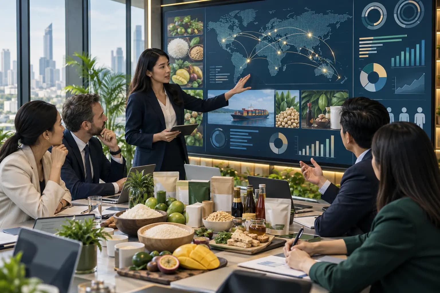 Food-market intelligence analysts and executives reviewing category and trade information