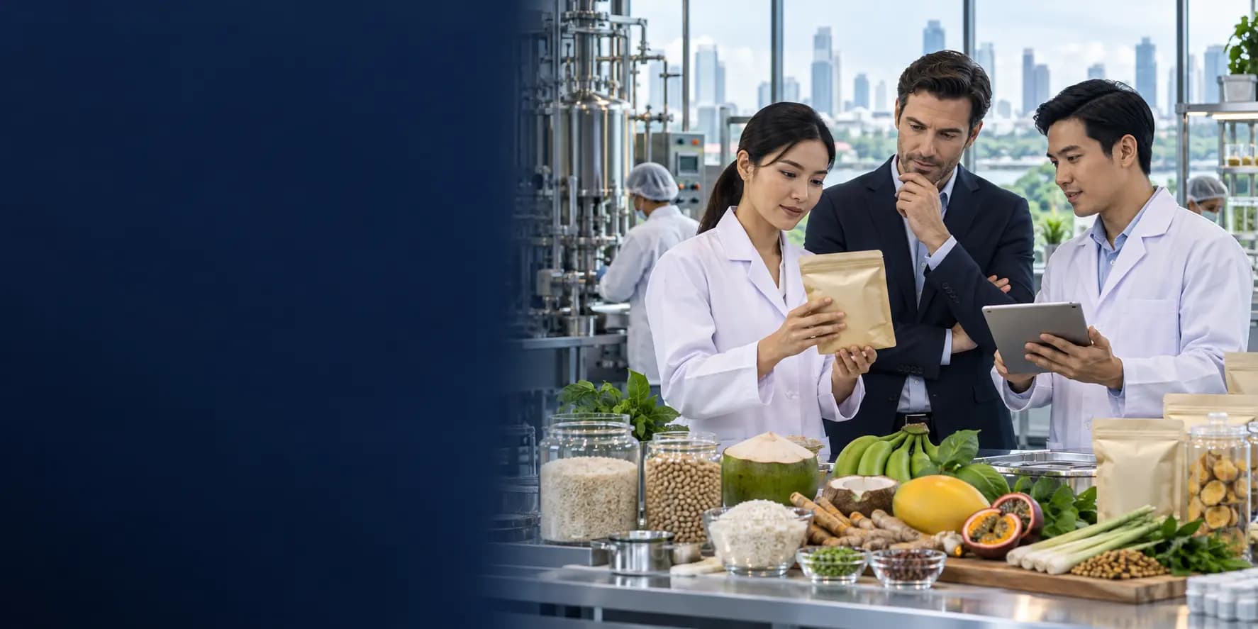 A Thai food scientist, international investor and product-development specialist reviewing a packaged-food prototype in a food-innovation laboratory