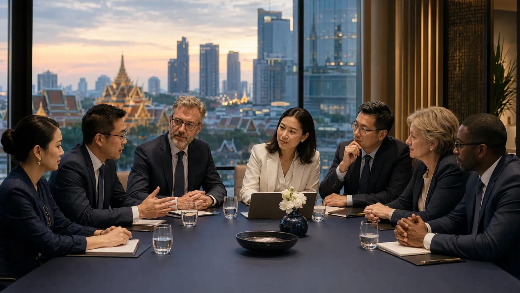 Seven professionals in formal business attire in discussion around a boardroom table at dusk, with Bangkok's skyline and a floodlit temple visible through the window