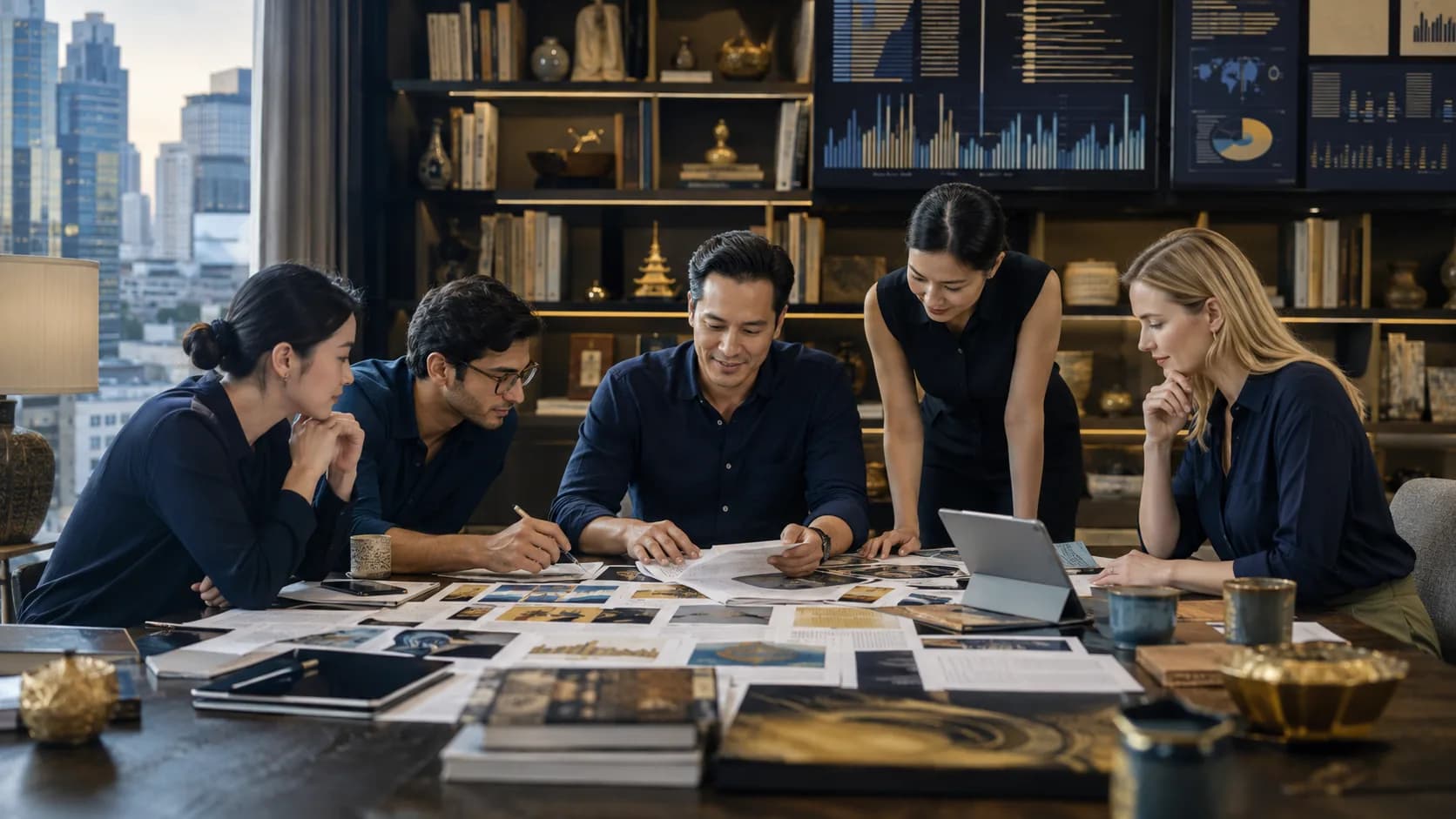 A team of five reviewing printed photo layouts, page mockups and data-dashboard screens spread across a table, with a city skyline visible through the window behind them
