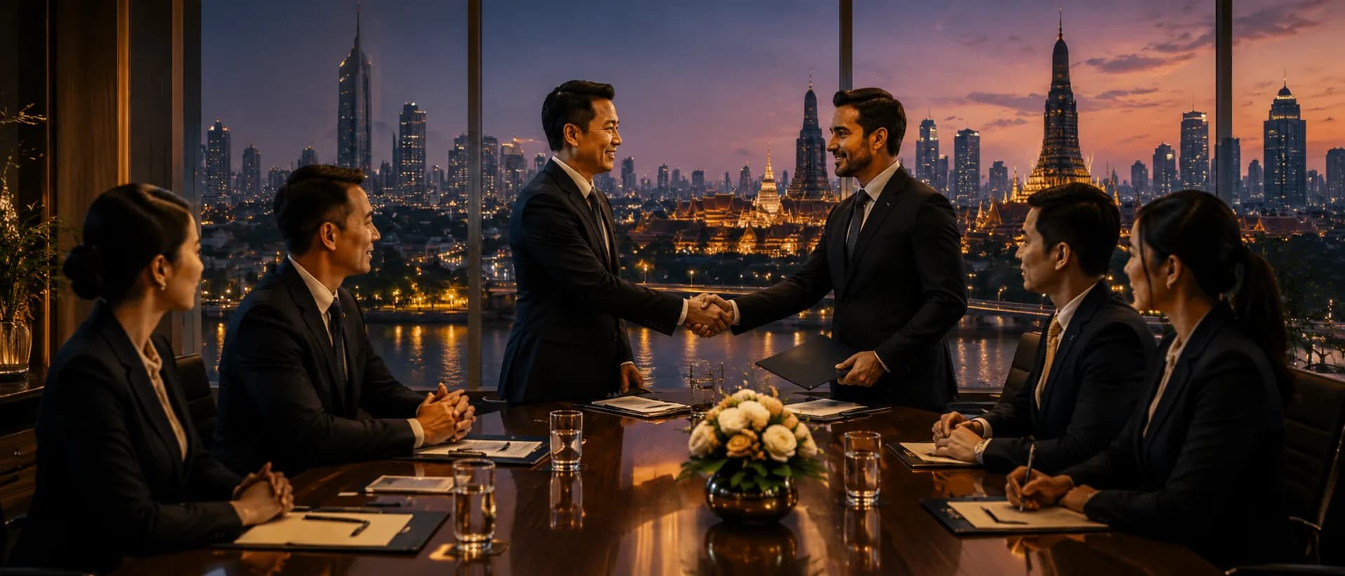 Two business leaders shaking hands at a riverside boardroom table at dusk, with Bangkok's skyline and a floodlit temple visible through the window