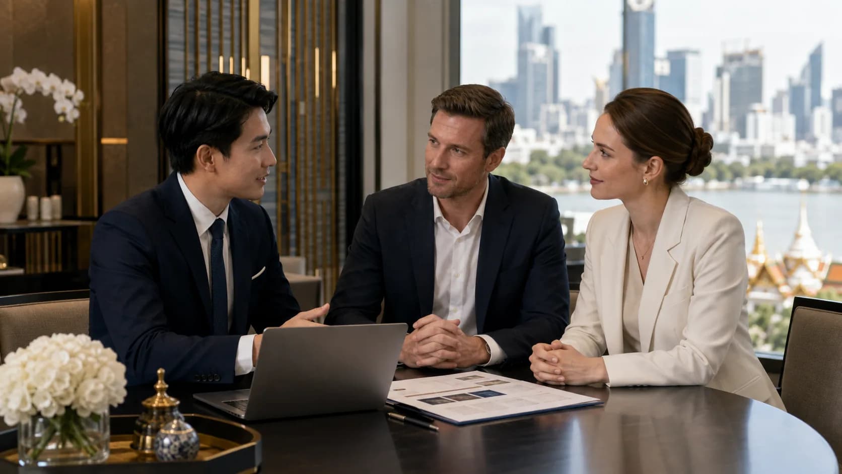 Three executives in formal business attire in discussion at a table with a laptop and printed proposal, with a riverside city skyline visible through the window