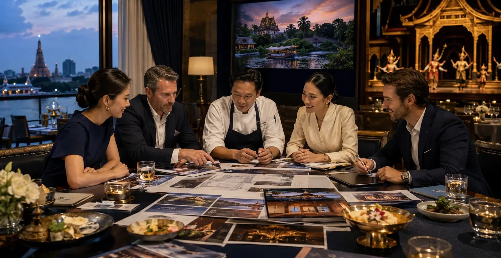 A chef and hospitality partners reviewing destination photographs and floor plans at a riverside restaurant table, with Wat Arun and traditional Thai dancers visible in the background