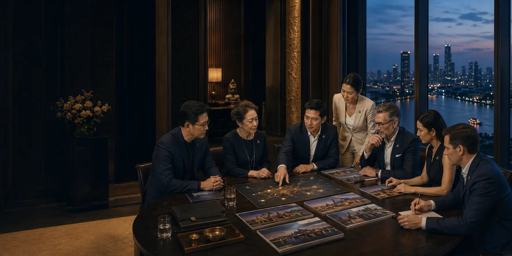 Six institutional representatives and T3 team members reviewing a Thailand map and photographs around a boardroom table, with the Bangkok skyline through the window at dusk