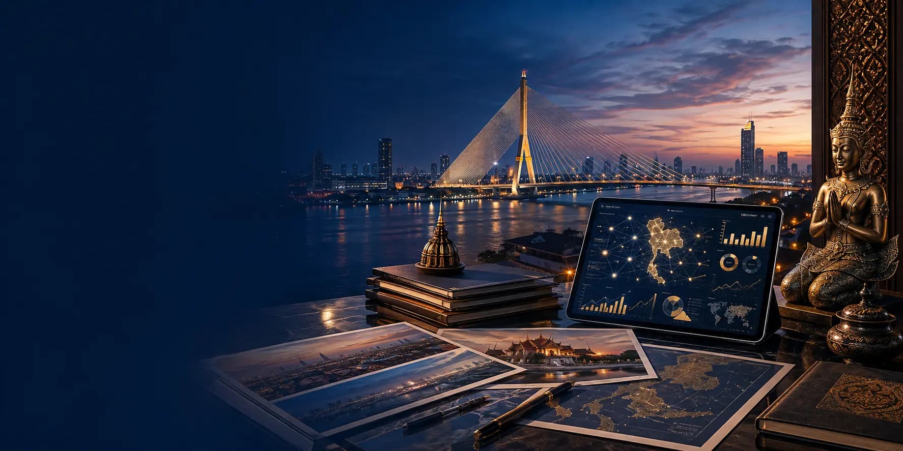 A riverside desk in Bangkok with a data tablet, printed maps and a gilded Thai devata figure overlooking a cable-stayed bridge at dusk