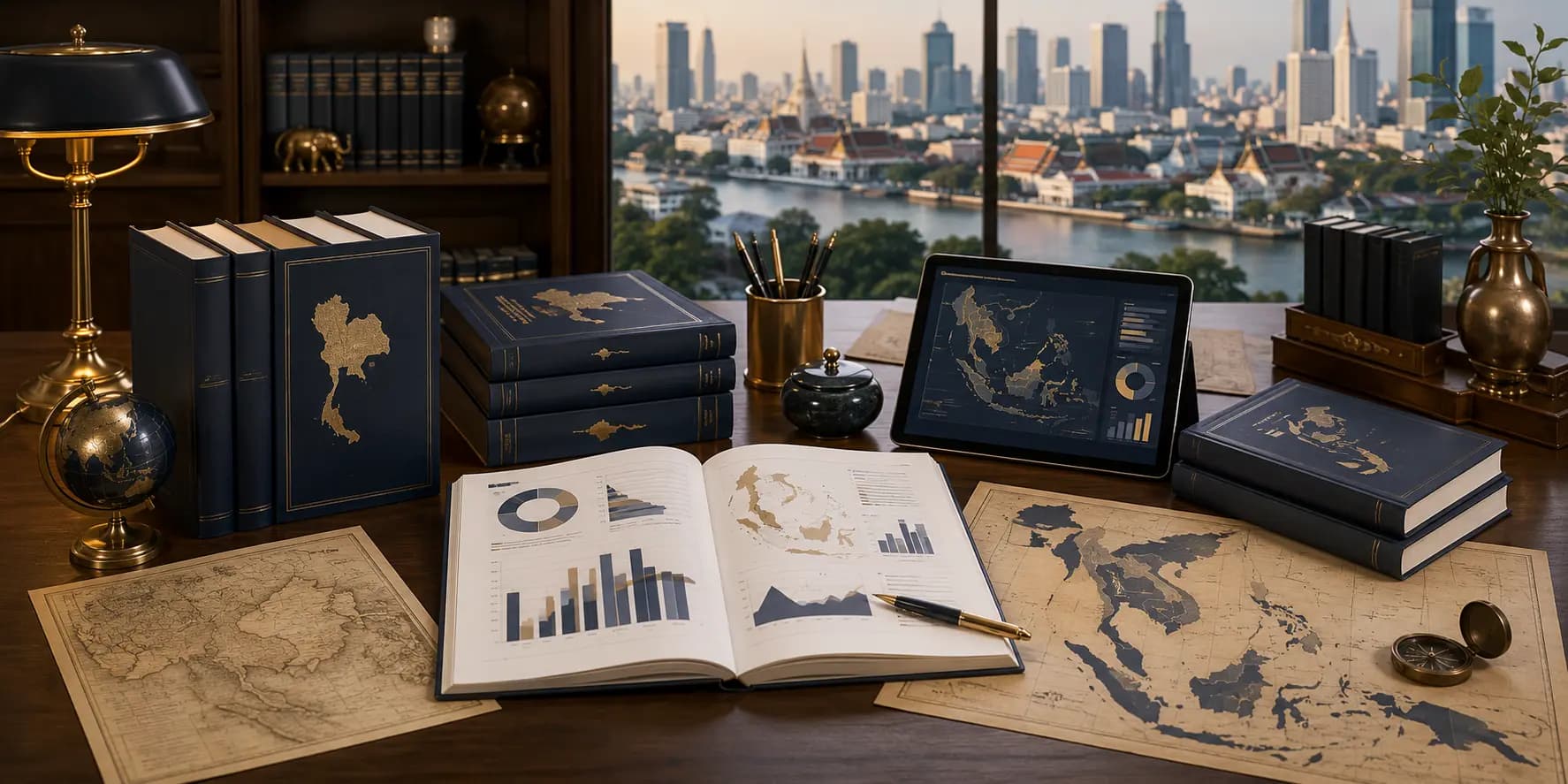 A desk with leather-bound reference books, an open book of charts and regional maps, a tablet displaying a Southeast Asia data dashboard, and a globe, with a riverside city view in the background
