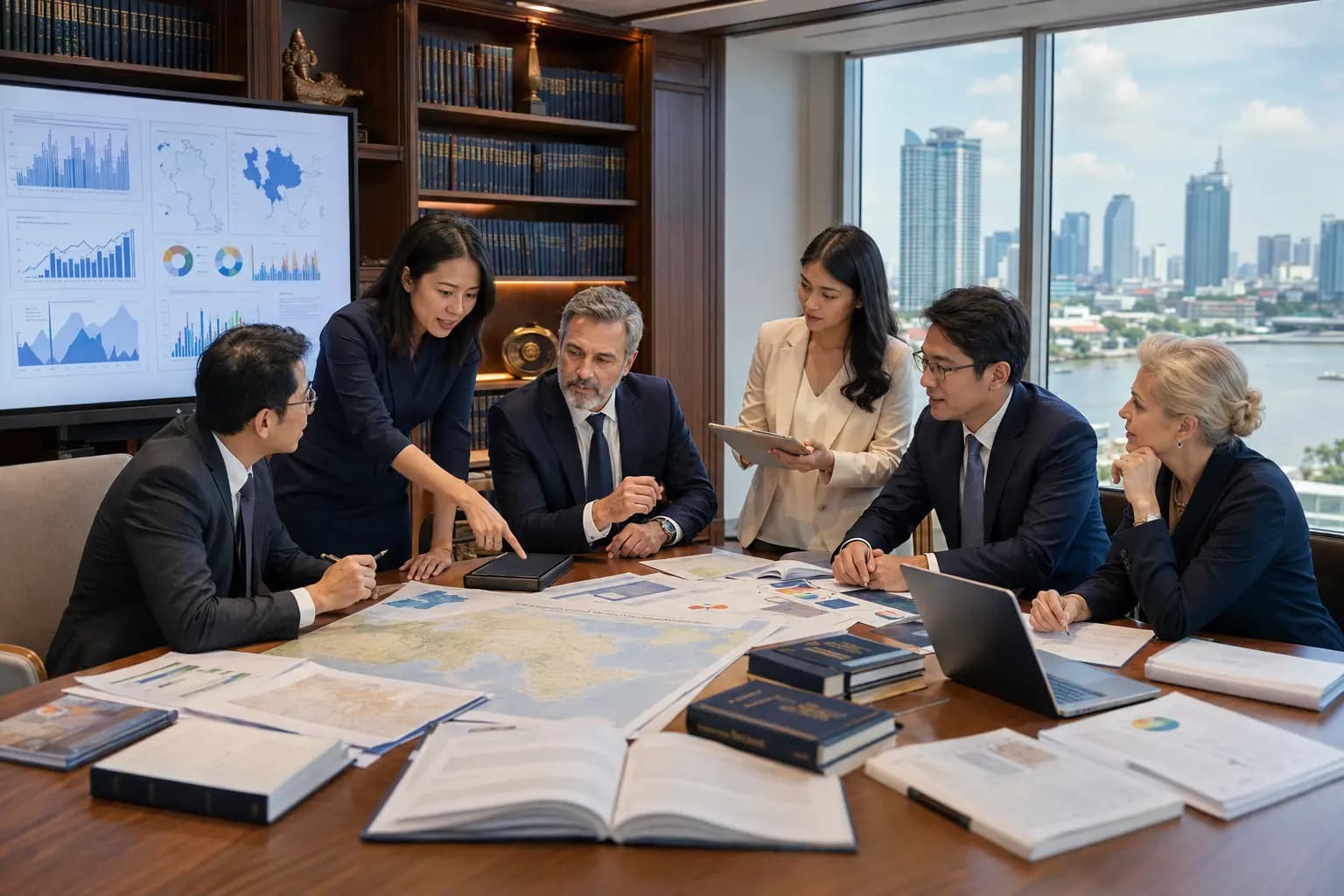 Researchers and T3 team members reviewing data charts on a screen and a regional map spread across a table lined with reference books, with the Bangkok skyline through the window