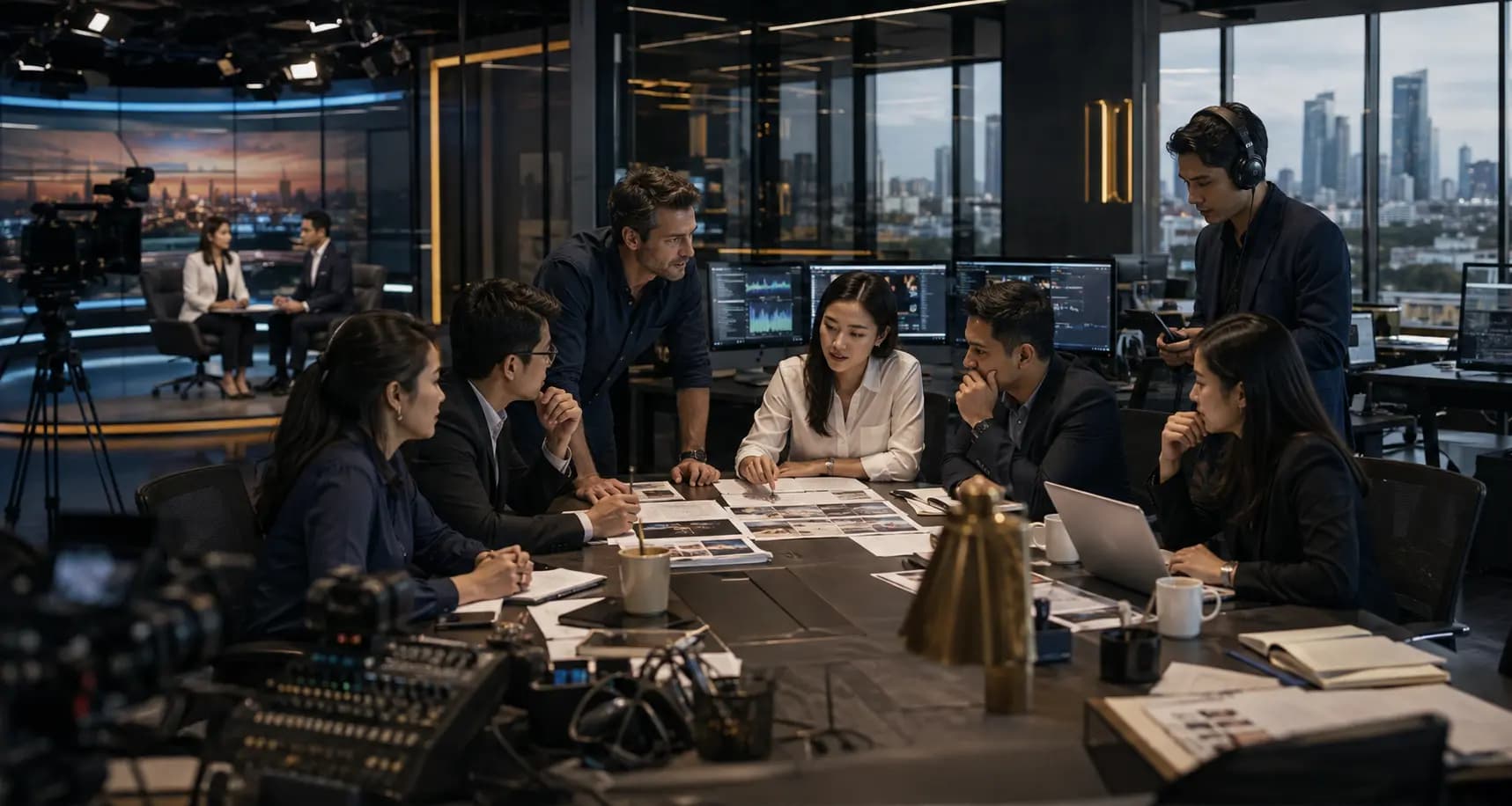 A production team reviewing printed photo layouts around a table inside a broadcast studio, with camera and editing equipment and the Bangkok skyline through the window