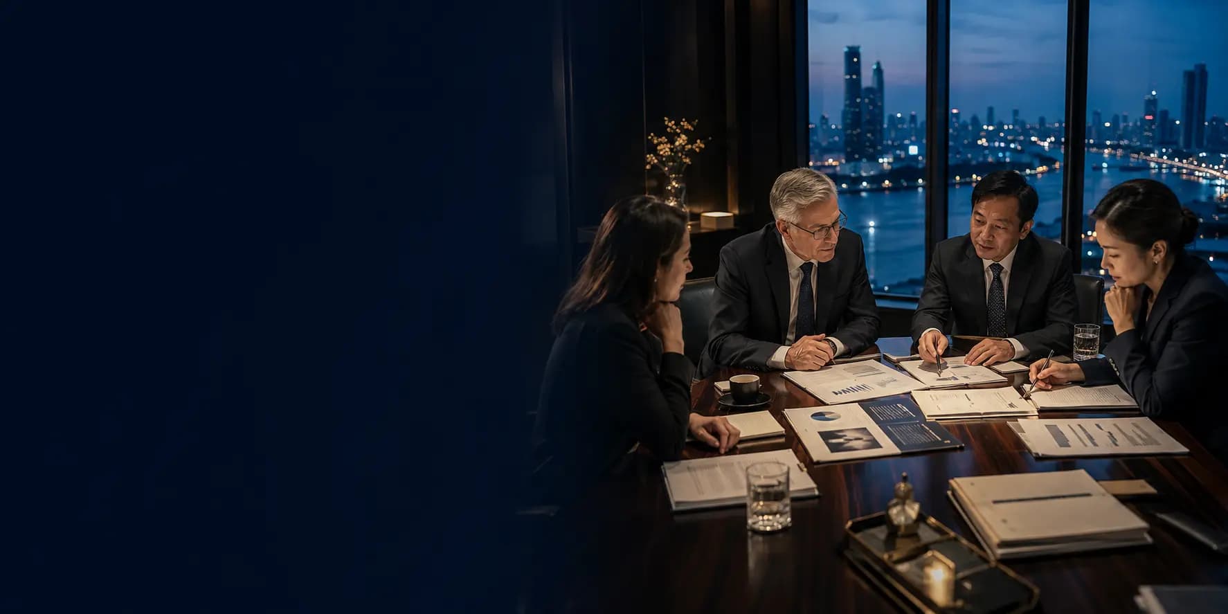 A professional partnership review meeting around a conference table with documents and a laptop