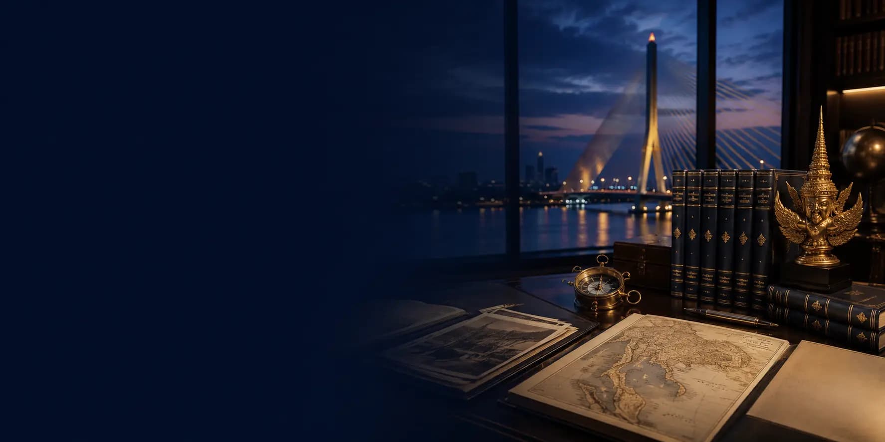 A Bangkok riverside desk with leather-bound books, a compass, a Southeast Asia map and Thai heritage objects beside the Chao Phraya River bridge at dusk