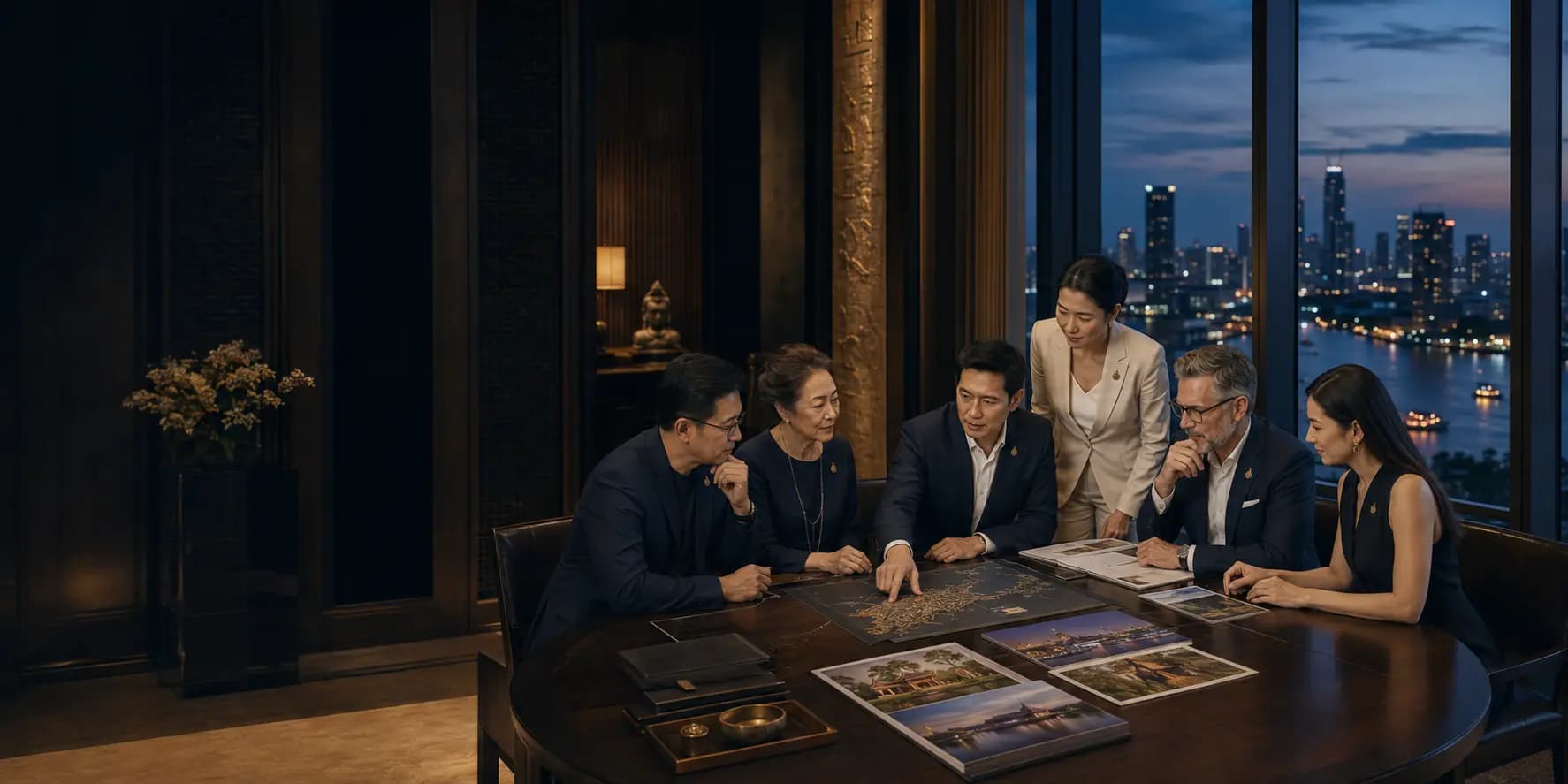 Six patrons and T3 team members in discussion around a table with a Thailand map and photographs, with the Bangkok skyline through the window at dusk