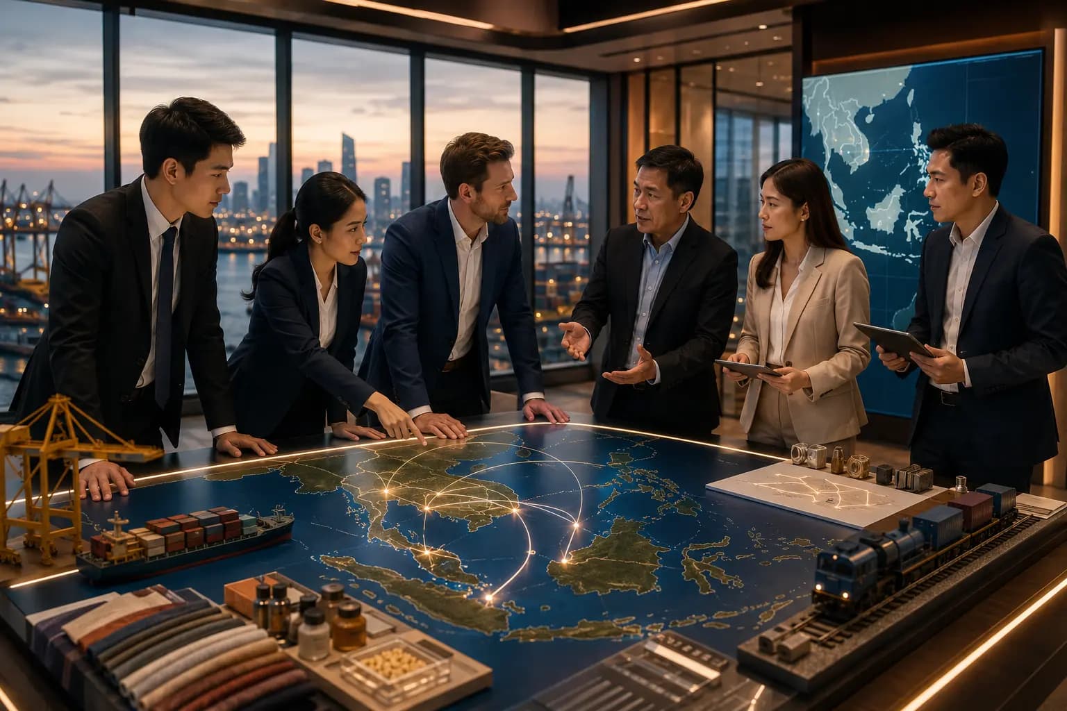A team reviewing an illuminated regional trade-route map on a table, surrounded by shipping, logistics and manufacturing samples, with the port skyline through the window at dusk