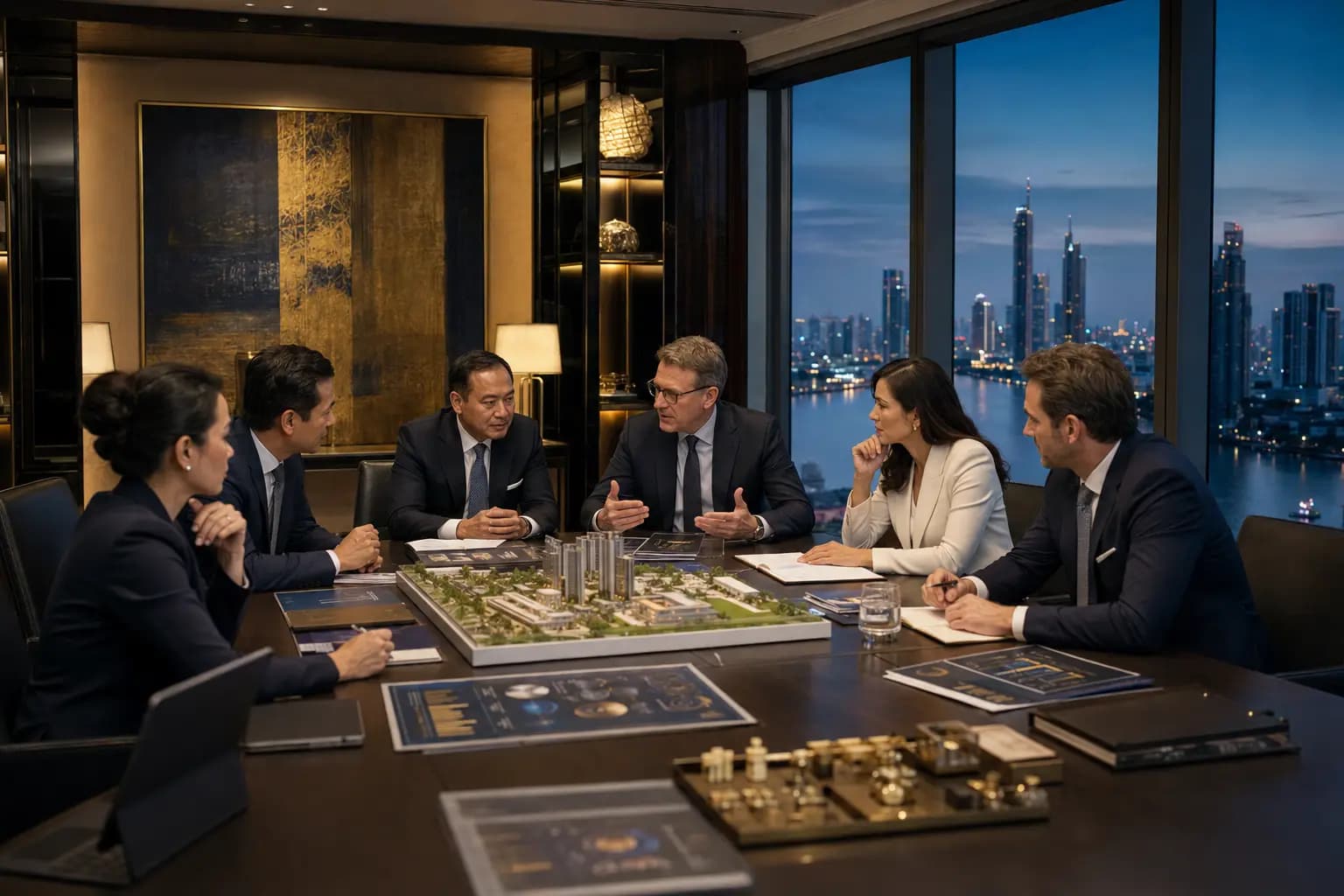 Six executives in discussion around a table with an architectural model of a development, in a premium meeting room with the Bangkok skyline through the window at dusk