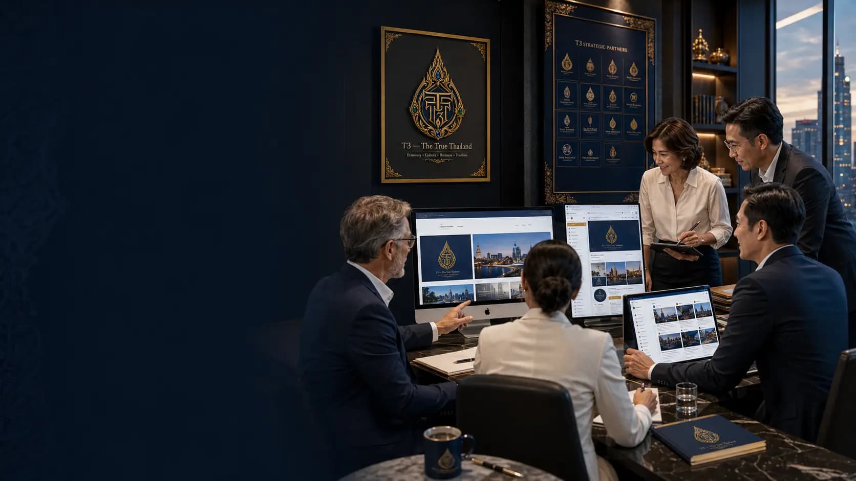 Executives reviewing Thailand story layouts and regional data maps across meeting-room display screens, illustrating shared content and information exchange between T3 and a media partner