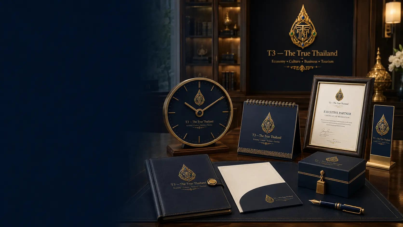 A curated desk arrangement of partnership recognition materials — a wall clock, desk calendar, plaque, gift box and display stand — with every surface left deliberately blank for an approved partner logo