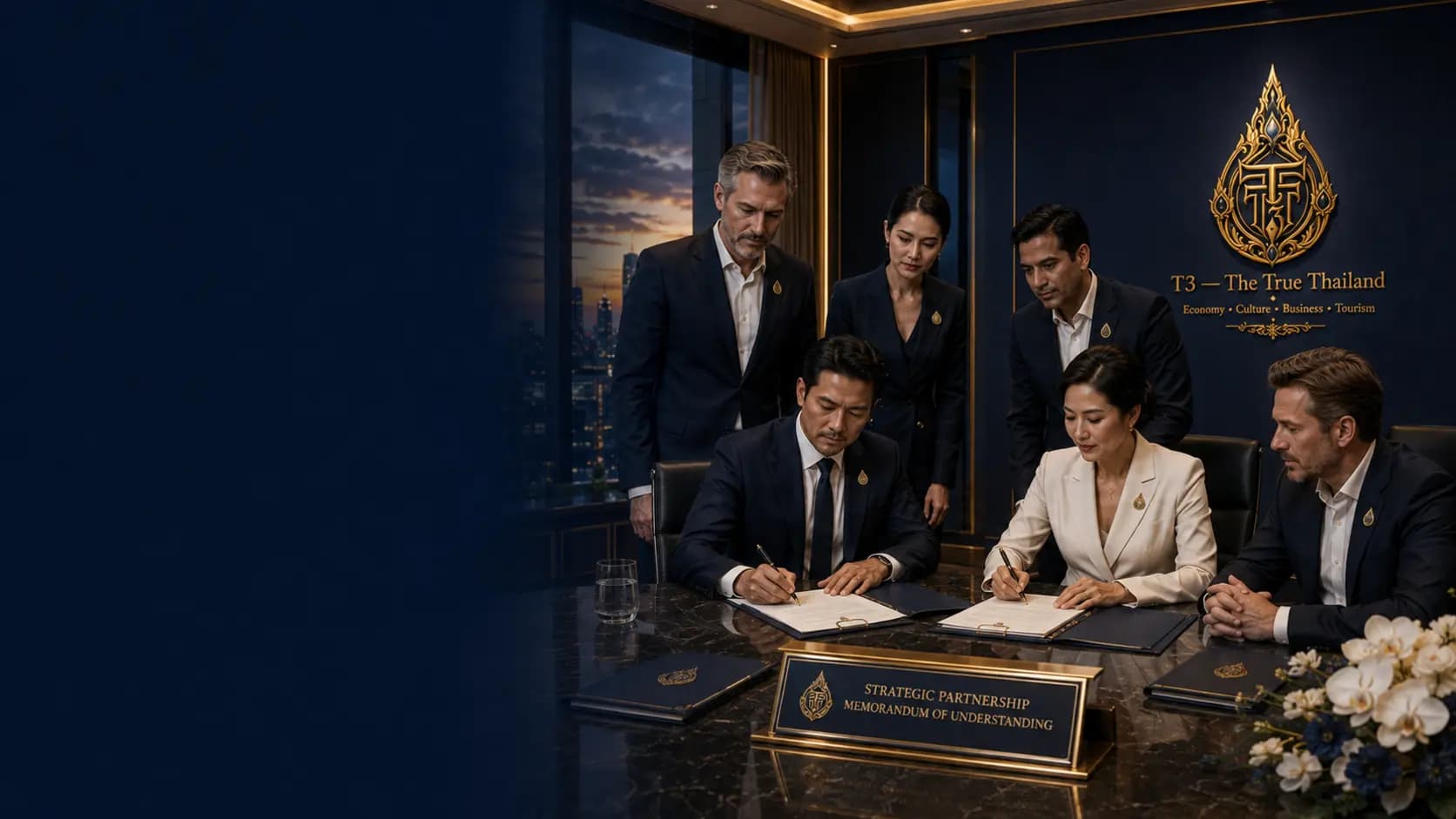 Senior executives reviewing a strategic partnership proposal in a premium boardroom, with branded folders and stands left deliberately blank for an approved logo
