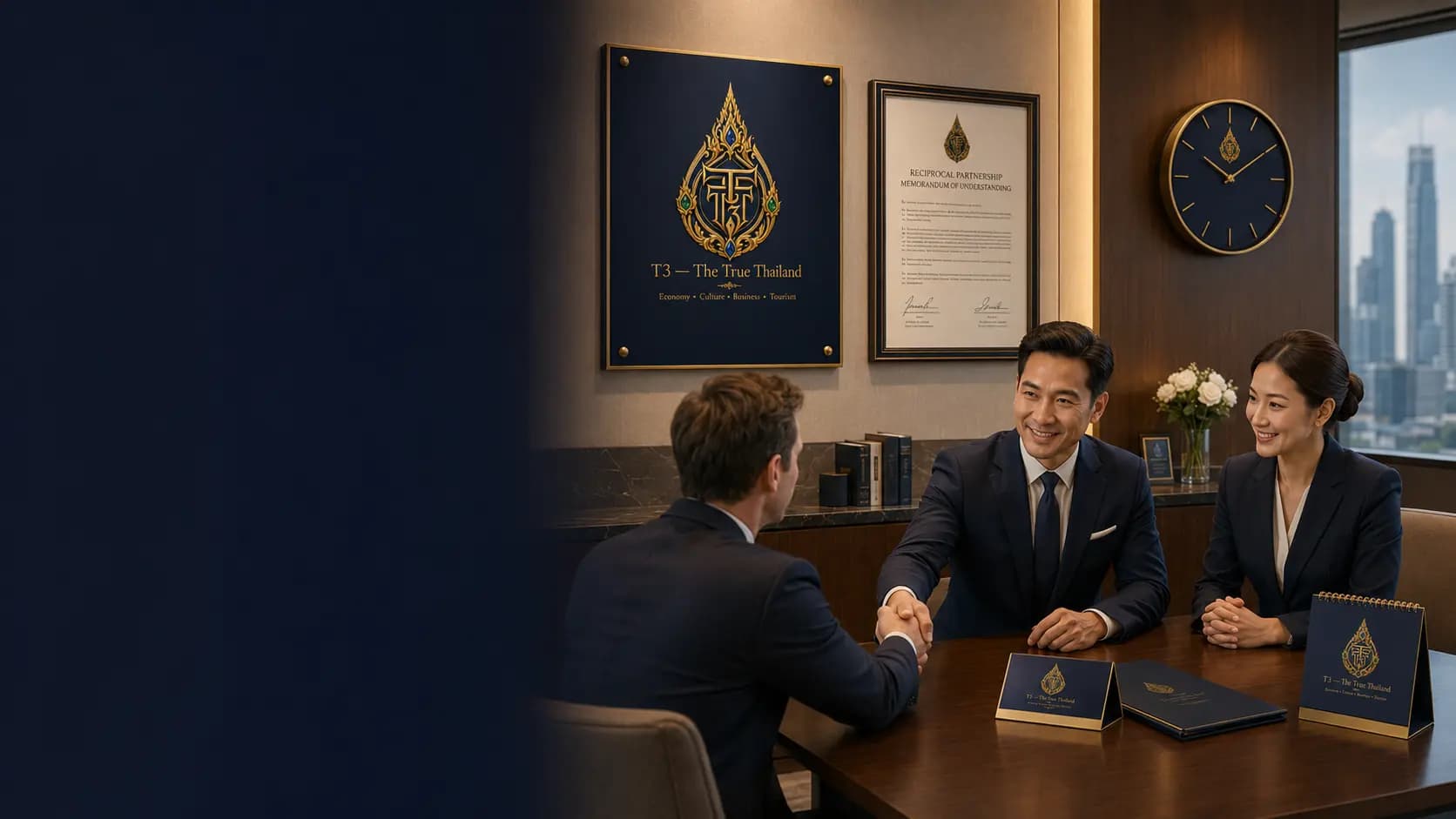 A boardroom meeting between T3 and institutional representatives, with a wall plaque, desk calendar, wall clock and floor standee left deliberately blank for an approved logo