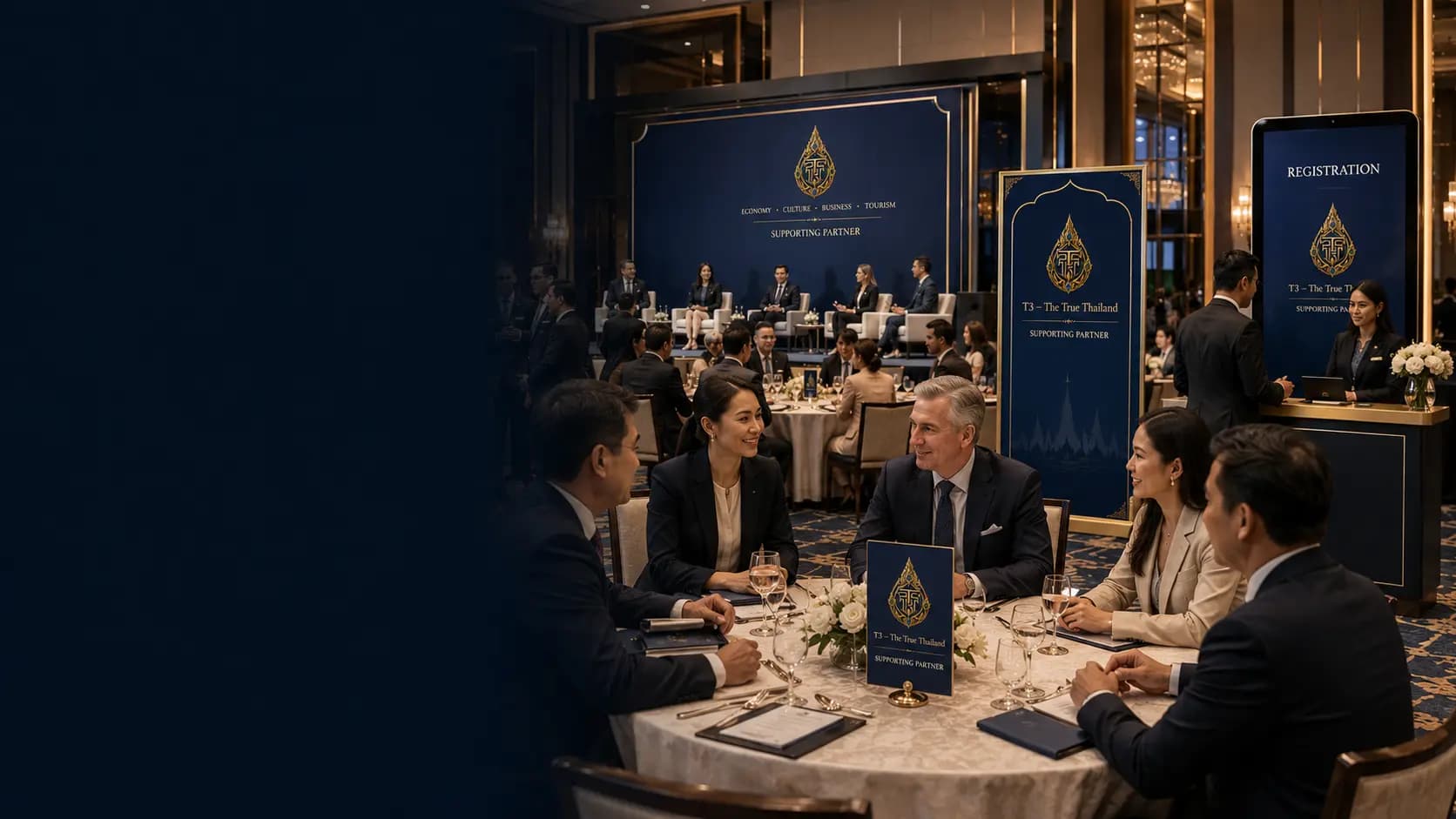 Guests at a Thailand-themed event reception beside a blank recognition standee and gift display awaiting an approved partner logo