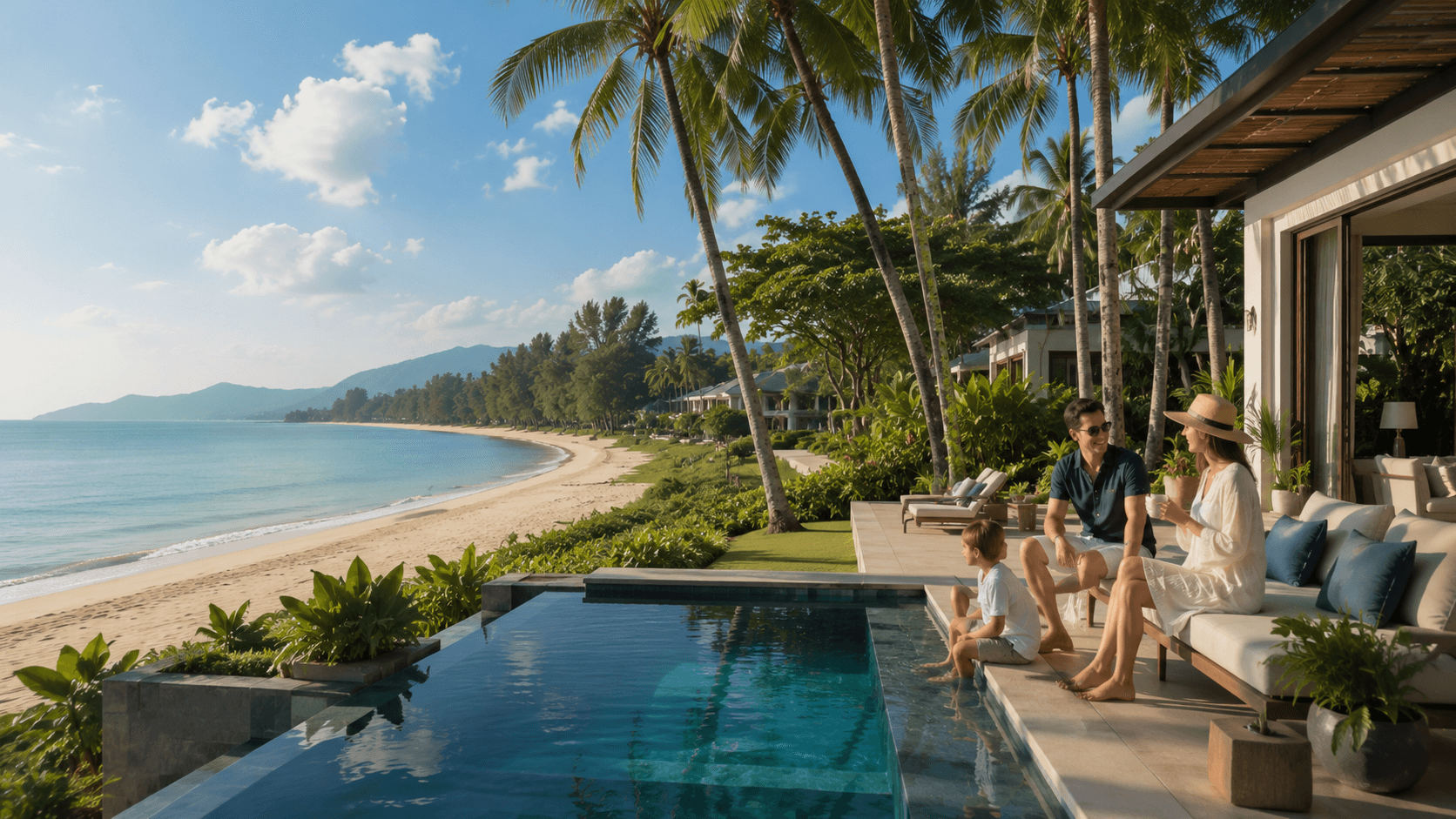 A layered coastal Thailand scene combining a calm shoreline, forested hills, and a distant island silhouette.