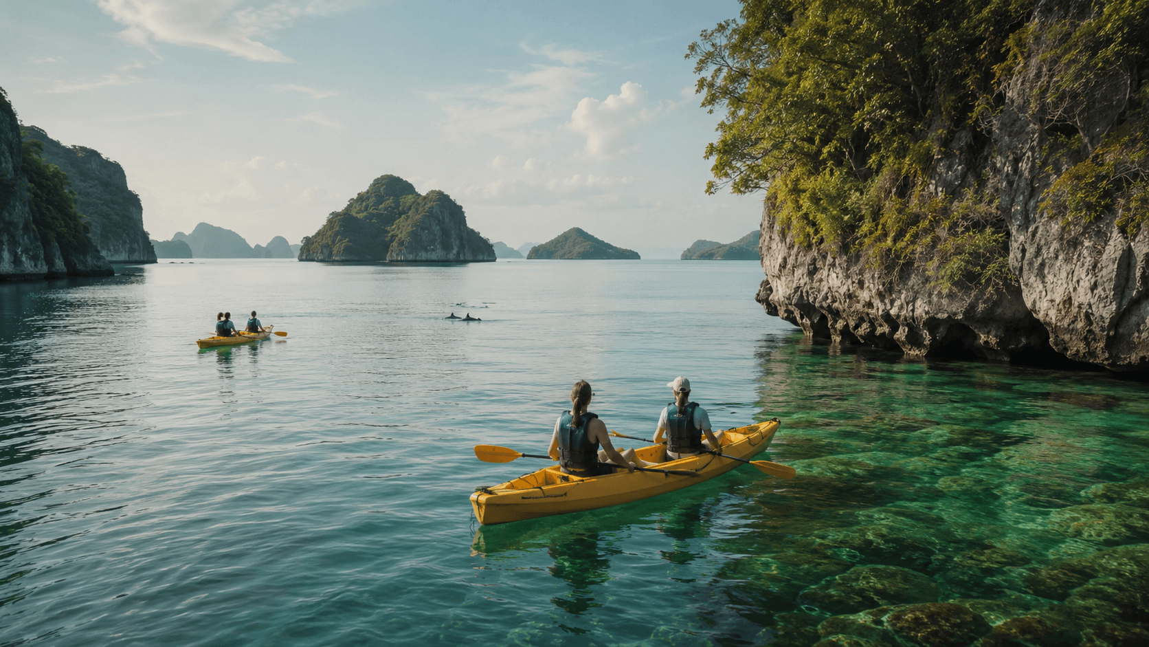 Travelers kayaking through Ang Thong Marine Park's karst scenery.